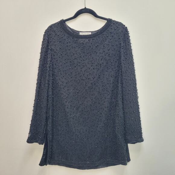 Papell Boutique Evening Black Silk Beaded Tunic Long Sleeve Top Womens Large - Picture 5 of 13